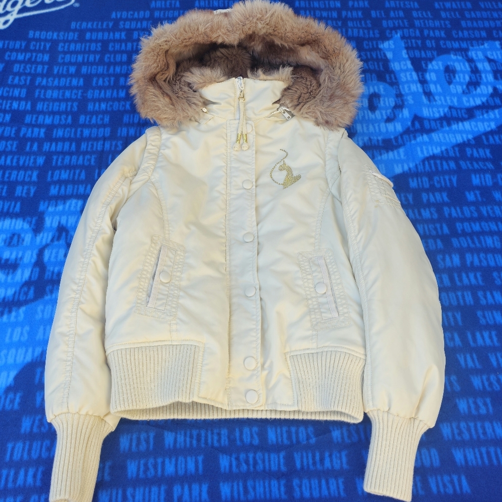 VINTAGE Y2K Baby Phat Women Puffer Jacket Gold Cat Logo Fur Hood Size Small